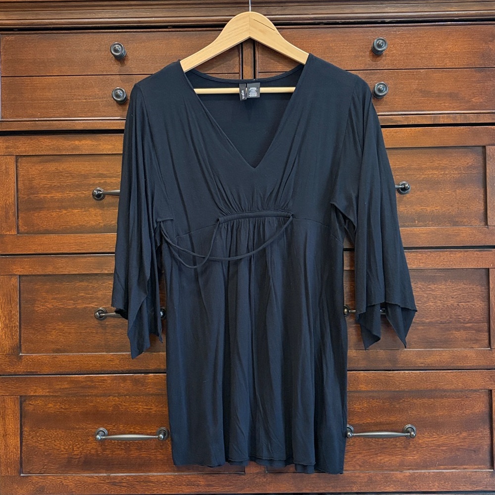 Mixit Women's Black 3/4 Sleeve V-Neck Modal Blouse Ruched Empire Waist Large